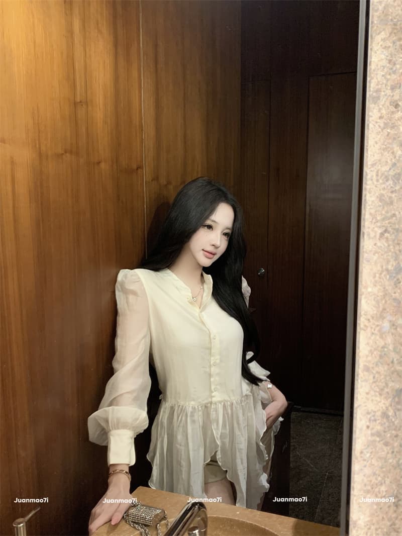 실사 정가 요정 가스 우아한 마이크로 시스루 어렴풋이 나타나면 불규칙 밑단 셔츠 상세 이미지 17