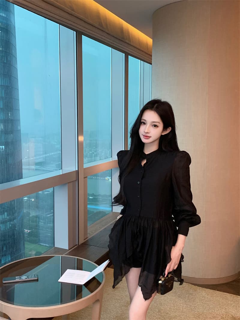 실사 정가 요정 가스 우아한 마이크로 시스루 어렴풋이 나타나면 불규칙 밑단 셔츠 상세 이미지 18