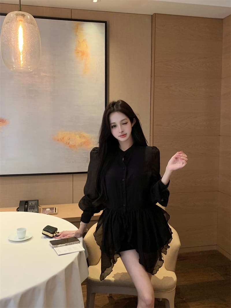 실사 정가 요정 가스 우아한 마이크로 시스루 어렴풋이 나타나면 불규칙 밑단 셔츠 상세 이미지 25