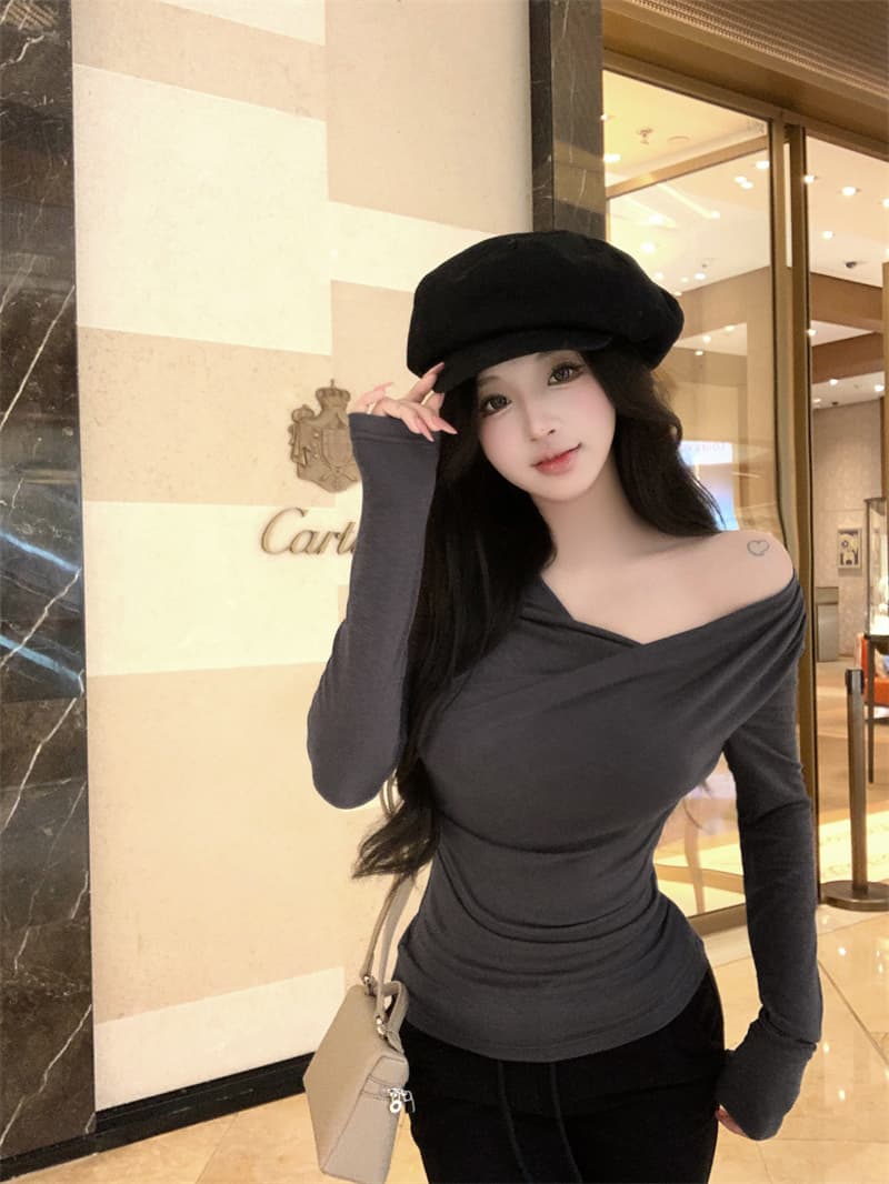 실사 정가 디스플레이 슬림 폭탄 핀치 Pleat 몸매 가꾸기 긴팔 기본 셔츠 다용도 티셔츠 맨위 가을 이미지 4