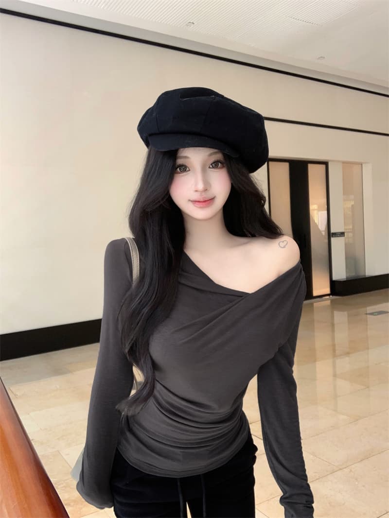 실사 정가 디스플레이 슬림 폭탄 핀치 Pleat 몸매 가꾸기 긴팔 기본 셔츠 다용도 티셔츠 맨위 가을 이미지 3