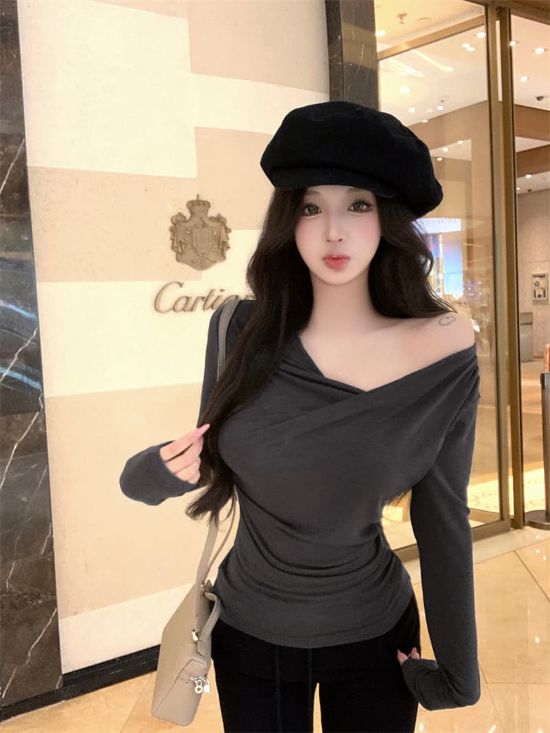 실사 정가 디스플레이 슬림 폭탄 핀치 Pleat 몸매 가꾸기 긴팔 기본 셔츠 다용도 티셔츠 맨위 가을 상세 이미지 2