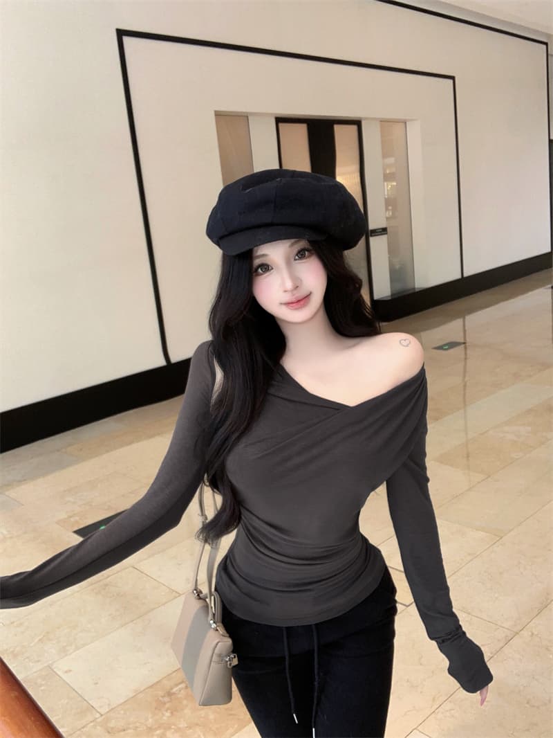 실사 정가 디스플레이 슬림 폭탄 핀치 Pleat 몸매 가꾸기 긴팔 기본 셔츠 다용도 티셔츠 맨위 가을 상세 이미지 5
