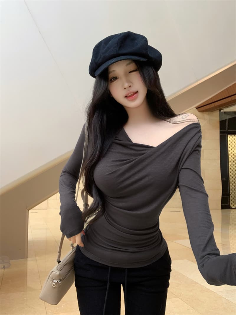 실사 정가 디스플레이 슬림 폭탄 핀치 Pleat 몸매 가꾸기 긴팔 기본 셔츠 다용도 티셔츠 맨위 가을 상세 이미지 9