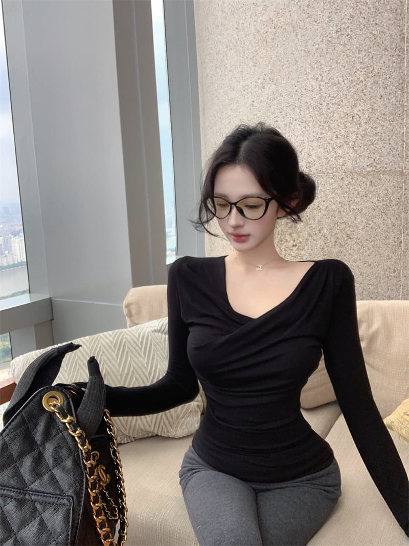 실사 정가 디스플레이 슬림 폭탄 핀치 Pleat 몸매 가꾸기 긴팔 기본 셔츠 다용도 티셔츠 맨위 가을 상세 이미지 21