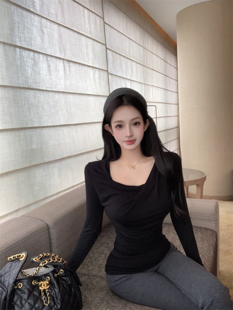 실사 정가 디스플레이 슬림 폭탄 핀치 Pleat 몸매 가꾸기 긴팔 기본 셔츠 다용도 티셔츠 맨위 가을 상세 이미지 22
