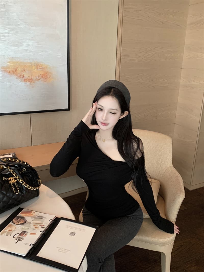 실사 정가 디스플레이 슬림 폭탄 핀치 Pleat 몸매 가꾸기 긴팔 기본 셔츠 다용도 티셔츠 맨위 가을 상세 이미지 23