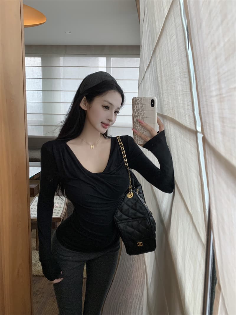 실사 정가 디스플레이 슬림 폭탄 핀치 Pleat 몸매 가꾸기 긴팔 기본 셔츠 다용도 티셔츠 맨위 가을 상세 이미지 24