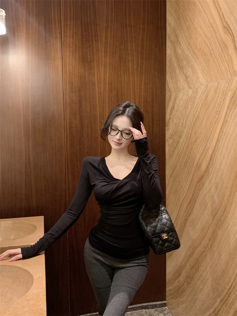 실사 정가 디스플레이 슬림 폭탄 핀치 Pleat 몸매 가꾸기 긴팔 기본 셔츠 다용도 티셔츠 맨위 가을 상세 이미지 27