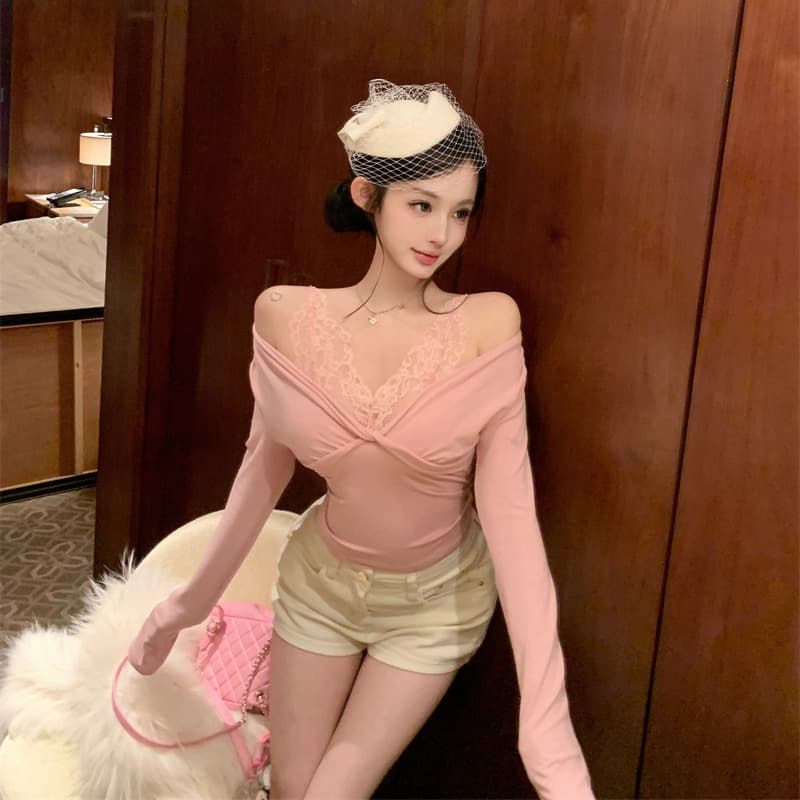 실사 정가 초기 세대 우는 소리 여성 향기로운 부드러운 娇柔 욕망 센스 레이스 조각 V넥 비틀림 맨위 이미지 5