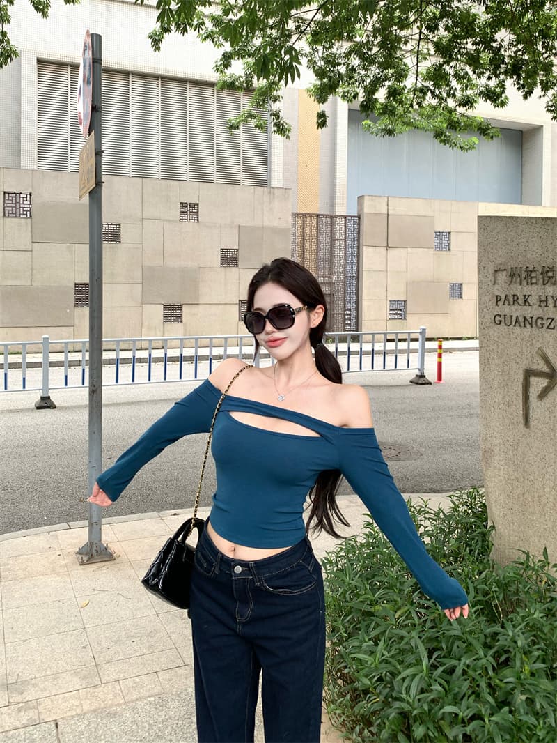 실사 정가 남자 센스 등고선 순수한 욕망 섹시함 홀로우 아웃 디자인 오프숄더 몸매 가꾸기 티셔츠 긴팔 맨위 여성 상세 이미지 5