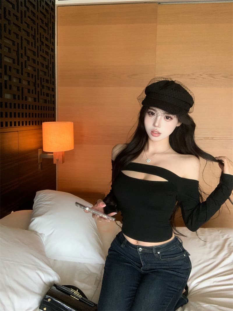 실사 정가 남자 센스 등고선 순수한 욕망 섹시함 홀로우 아웃 디자인 오프숄더 몸매 가꾸기 티셔츠 긴팔 맨위 여성 상세 이미지 25