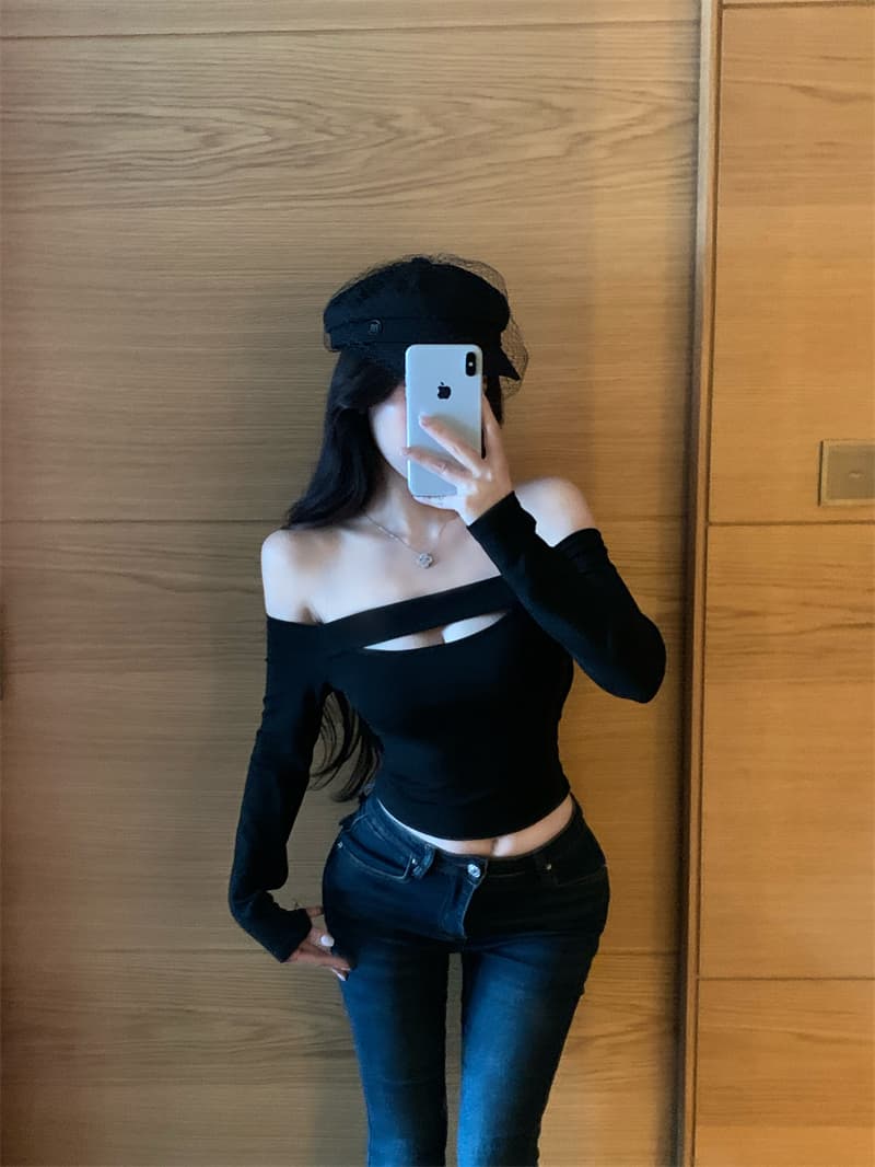 실사 정가 남자 센스 등고선 순수한 욕망 섹시함 홀로우 아웃 디자인 오프숄더 몸매 가꾸기 티셔츠 긴팔 맨위 여성 상세 이미지 28