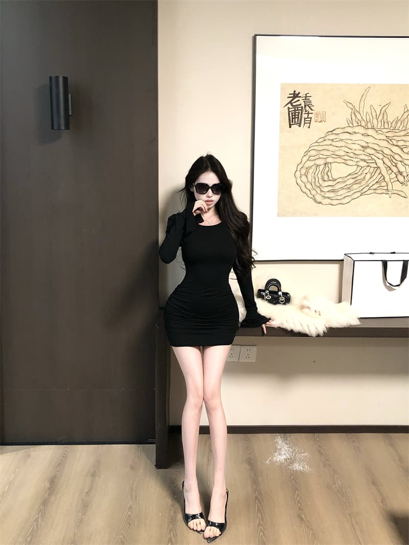 실사 정가 섹시함 순수한 욕망 몸매 가꾸기 펌프 Pleat 나팔 소매 타이트 스커트 미니 스커트 드레스 상세 이미지 27