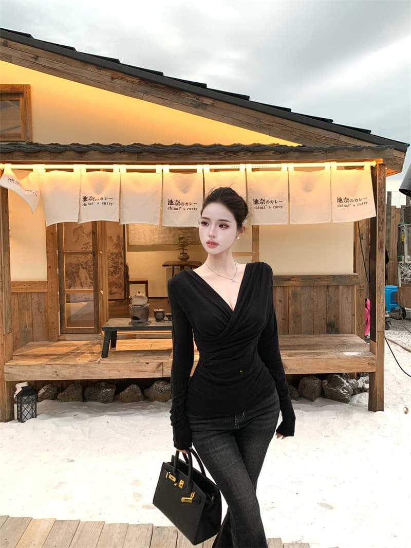실사 정가 십자가 깊은 v 주름 긴팔 니트 스웨터 몸매 가꾸기 슬림해 보이는 맨위 이미지 3