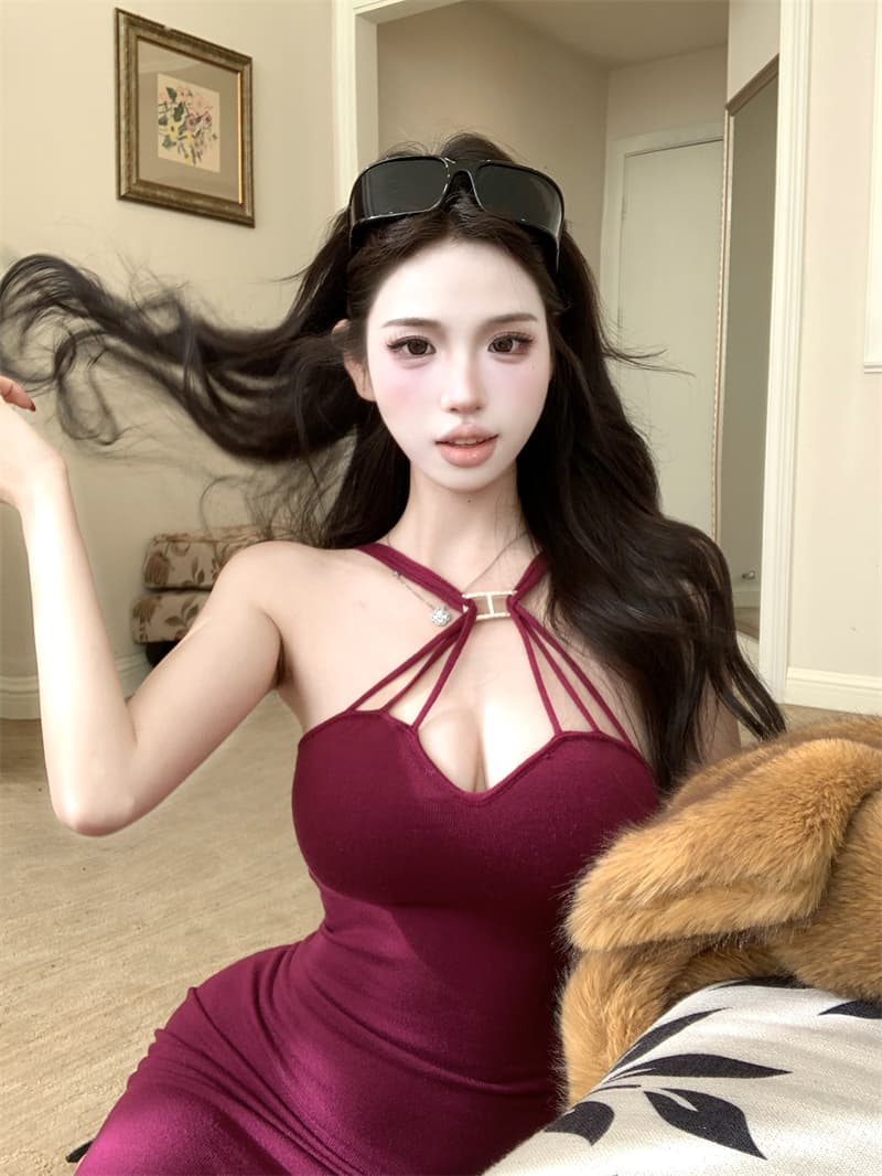 실사 정가 안개가 자욱한 스택 향기로운 맞춤 원사 특별 조정 보라색 십자가 스트랩 행침 목 몸매 가꾸기 여성 드레스 상세 이미지 2