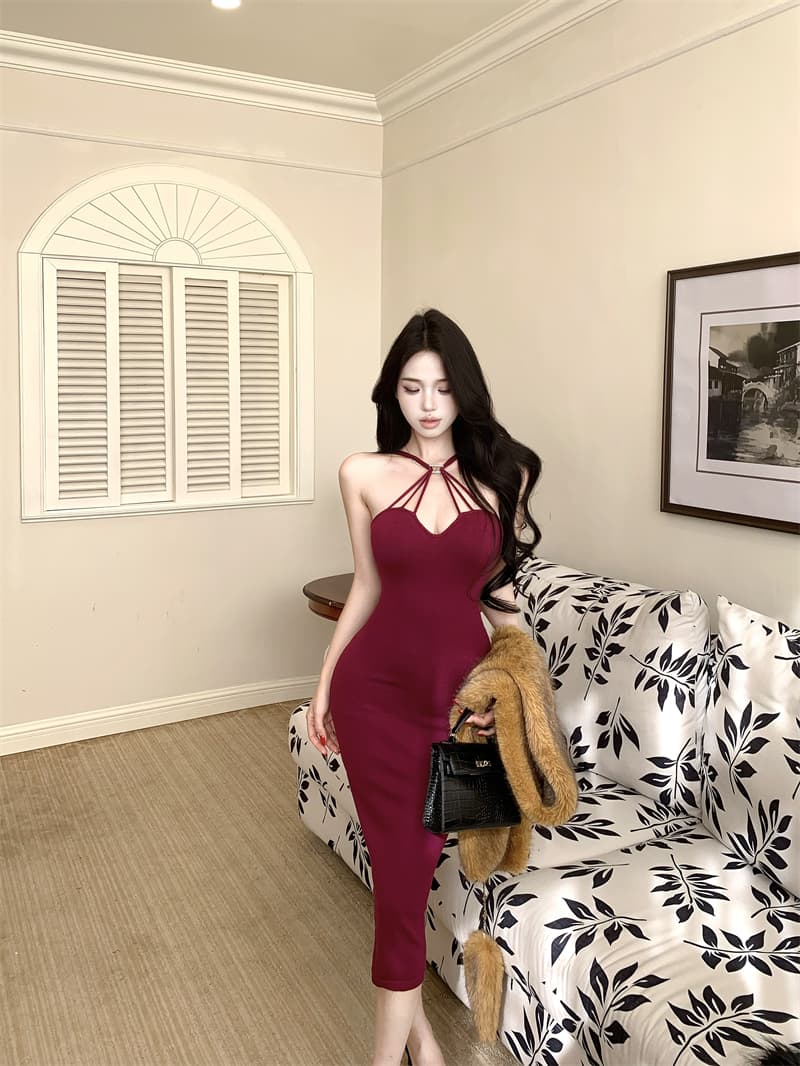 실사 정가 안개가 자욱한 스택 향기로운 맞춤 원사 특별 조정 보라색 십자가 스트랩 행침 목 몸매 가꾸기 여성 드레스 상세 이미지 5