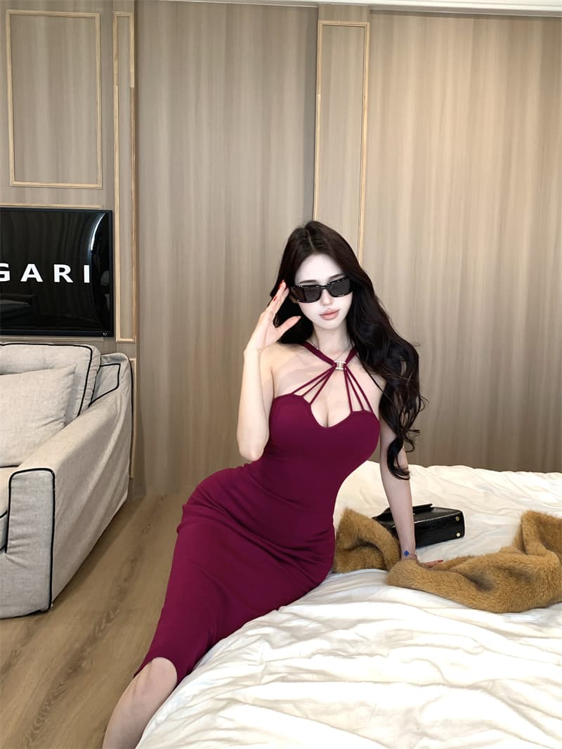 실사 정가 안개가 자욱한 스택 향기로운 맞춤 원사 특별 조정 보라색 십자가 스트랩 행침 목 몸매 가꾸기 여성 드레스 상세 이미지 6