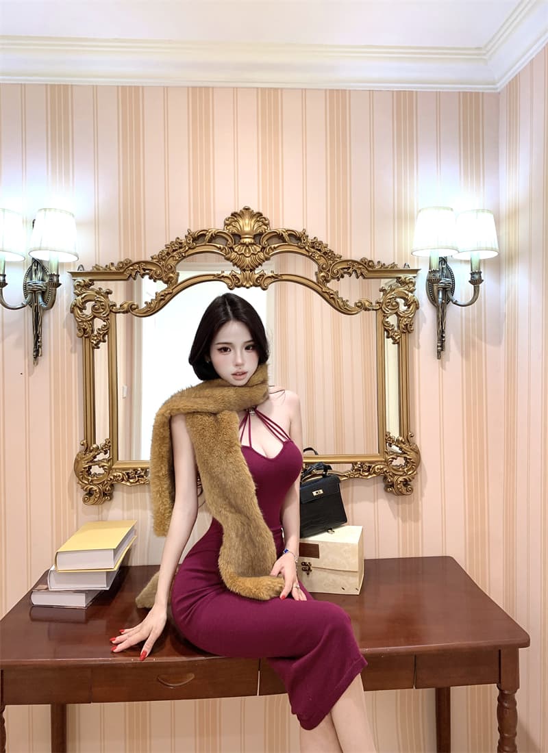 실사 정가 안개가 자욱한 스택 향기로운 맞춤 원사 특별 조정 보라색 십자가 스트랩 행침 목 몸매 가꾸기 여성 드레스 상세 이미지 14
