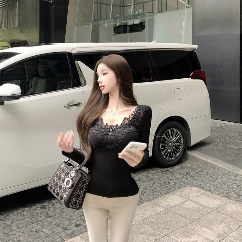 실사 정가 원 웨이 순수한 욕망 레이스 V넥 인사이드 가져 가라. 니트 여성 셔츠