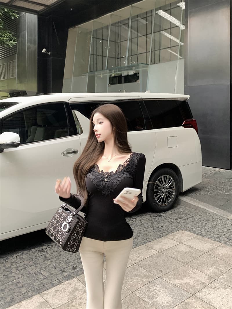 실사 정가 원 웨이 순수한 욕망 레이스 V넥 인사이드 가져 가라. 니트 여성 셔츠 상세 이미지 4