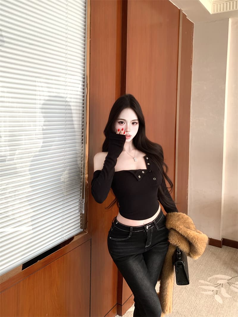 실사 정가 섹시함 비스듬한 어깨 긴팔 티셔츠 몸매 가꾸기 슬림해 보이는 만나는 상세 이미지 8