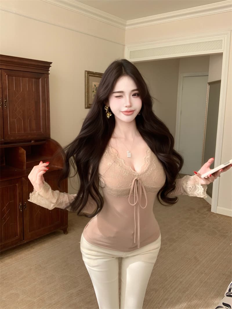 실사 정가 섹시함 순수한 욕망 절묘한 V넥 레이스 기본 셔츠 인사이드 잡아라. 의류 여성