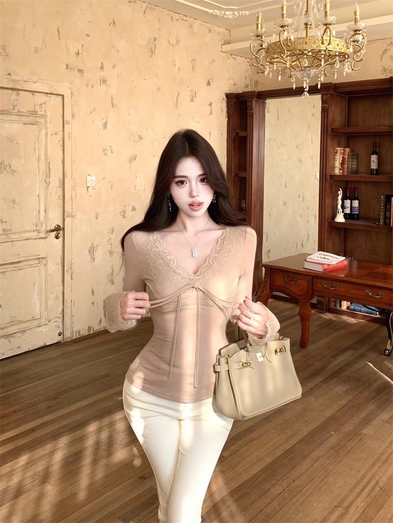 실사 정가 섹시함 순수한 욕망 절묘한 V넥 레이스 기본 셔츠 인사이드 잡아라. 의류 여성 이미지 4