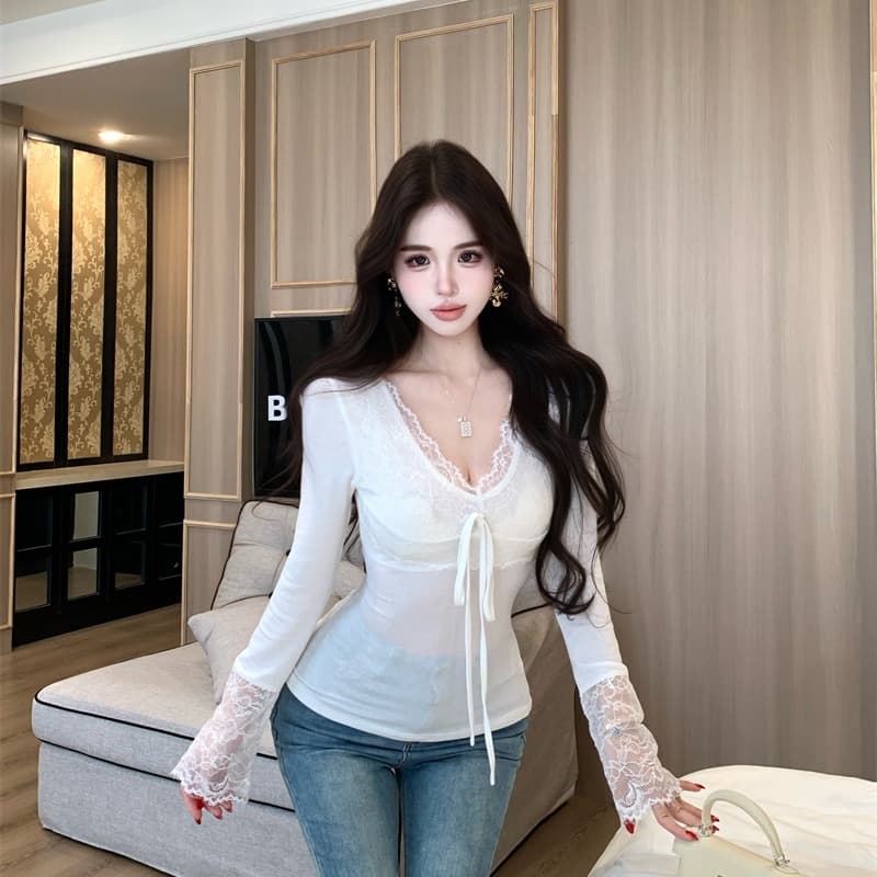 실사 정가 섹시함 순수한 욕망 절묘한 V넥 레이스 기본 셔츠 인사이드 잡아라. 의류 여성 이미지 5