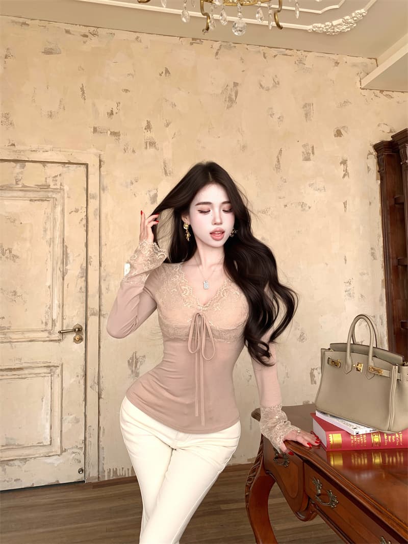 실사 정가 섹시함 순수한 욕망 절묘한 V넥 레이스 기본 셔츠 인사이드 잡아라. 의류 여성 상세 이미지 4