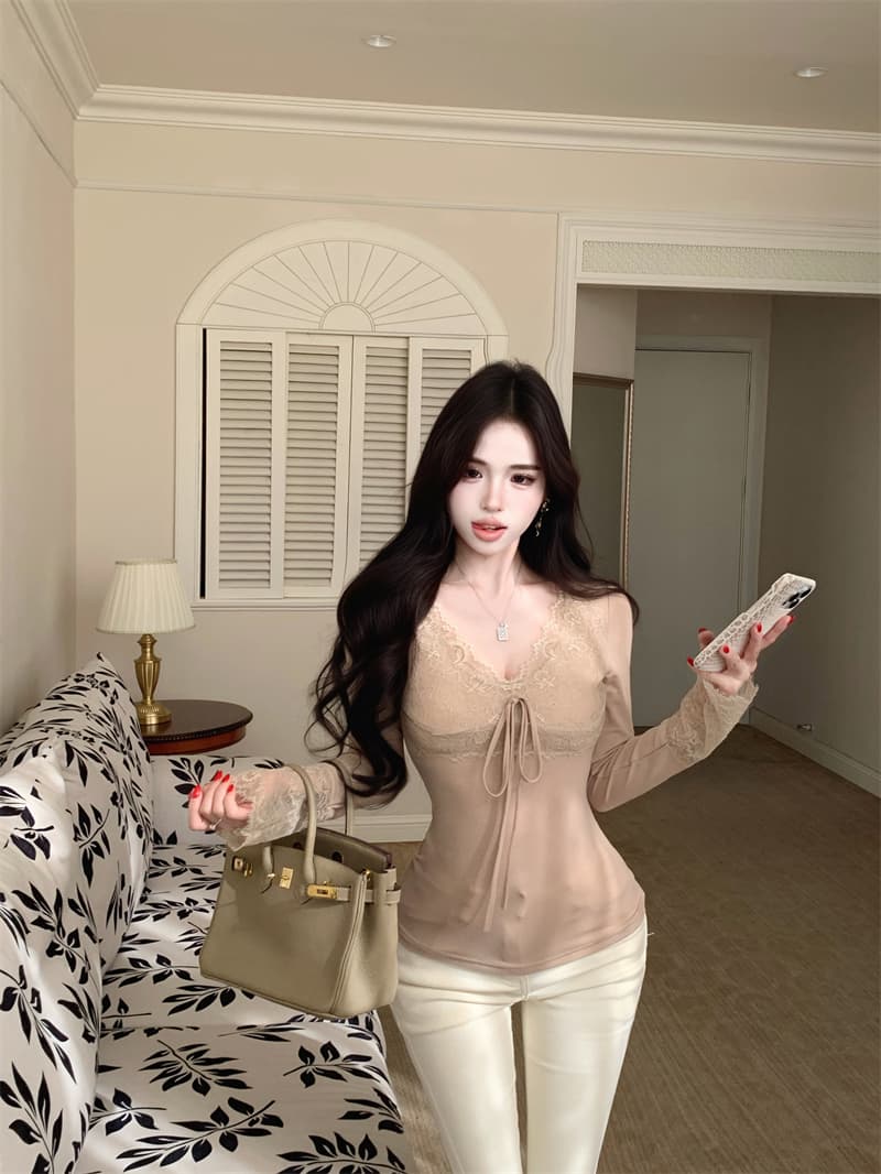 실사 정가 섹시함 순수한 욕망 절묘한 V넥 레이스 기본 셔츠 인사이드 잡아라. 의류 여성 상세 이미지 5
