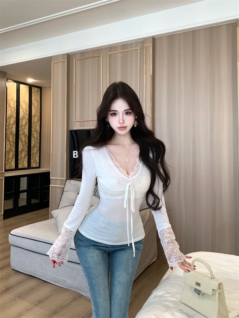 실사 정가 섹시함 순수한 욕망 절묘한 V넥 레이스 기본 셔츠 인사이드 잡아라. 의류 여성 상세 이미지 13