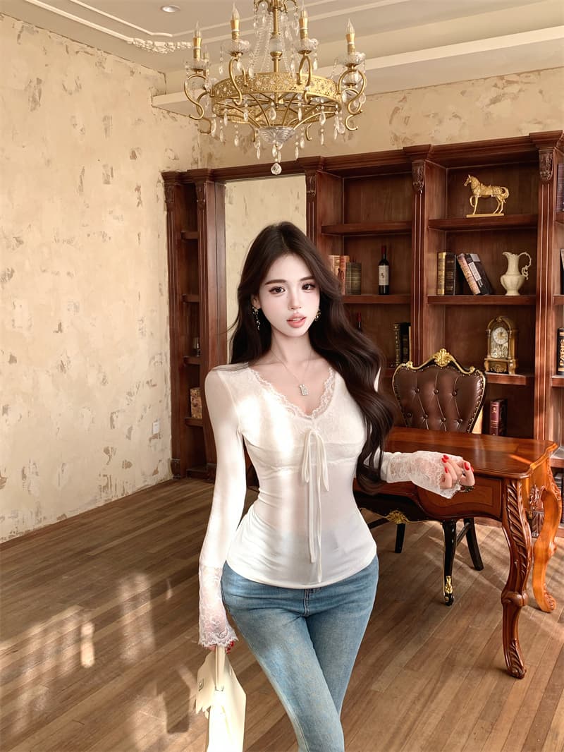 실사 정가 섹시함 순수한 욕망 절묘한 V넥 레이스 기본 셔츠 인사이드 잡아라. 의류 여성 상세 이미지 15