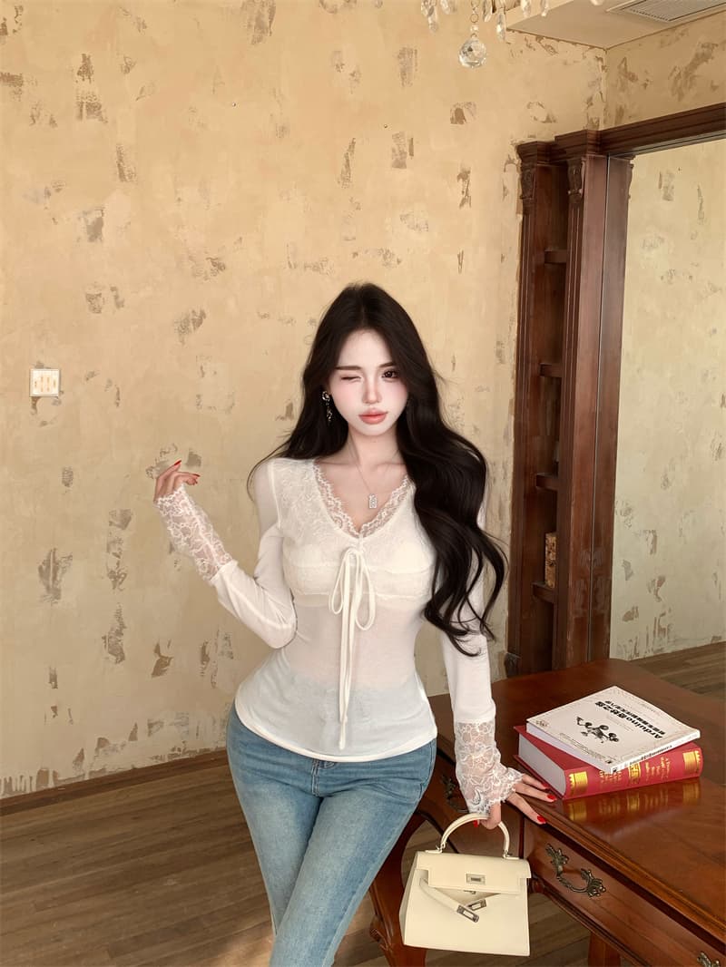 실사 정가 섹시함 순수한 욕망 절묘한 V넥 레이스 기본 셔츠 인사이드 잡아라. 의류 여성 상세 이미지 16