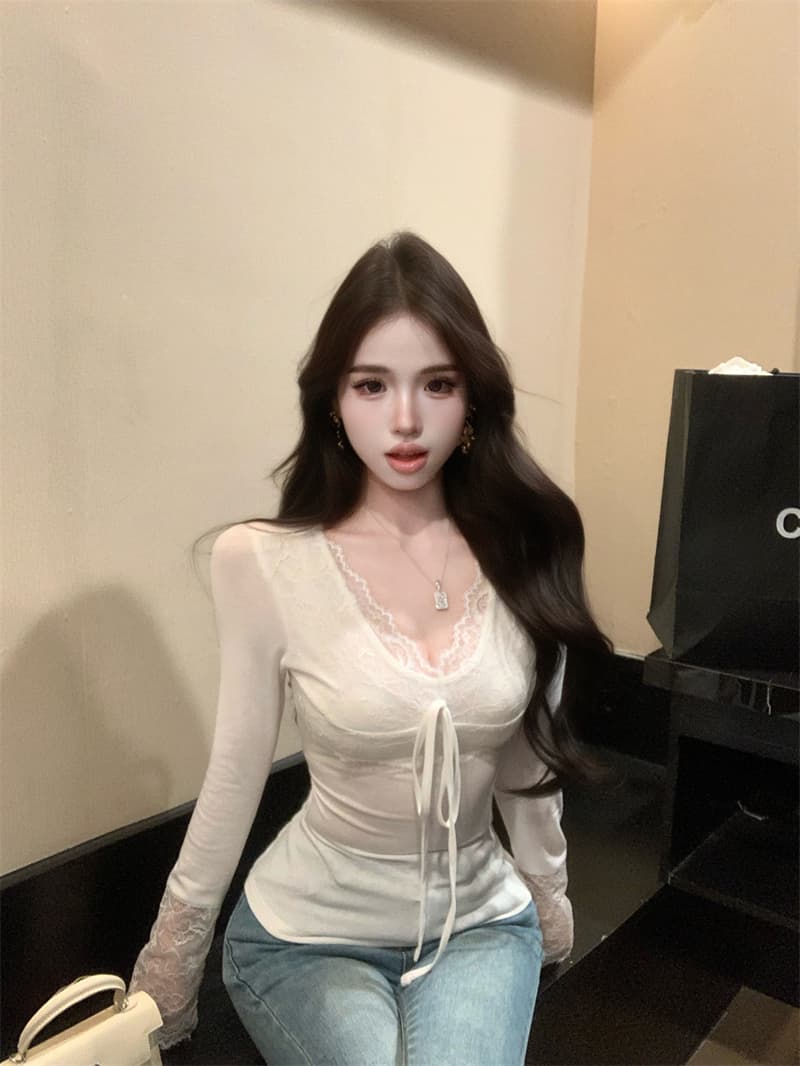 실사 정가 섹시함 순수한 욕망 절묘한 V넥 레이스 기본 셔츠 인사이드 잡아라. 의류 여성 상세 이미지 17