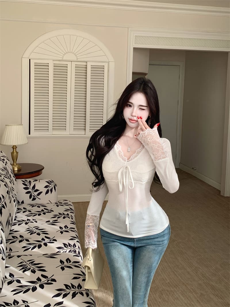 실사 정가 섹시함 순수한 욕망 절묘한 V넥 레이스 기본 셔츠 인사이드 잡아라. 의류 여성 상세 이미지 18