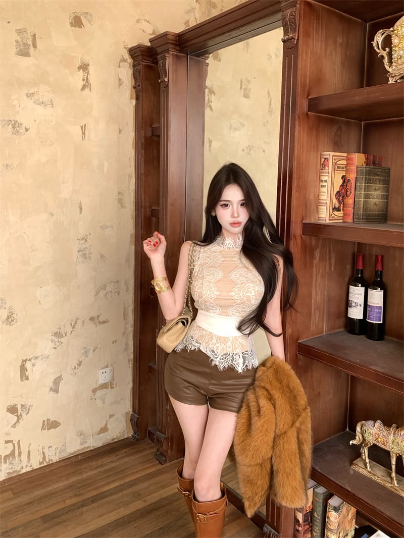 실사 정가 무거운 작업 자수 순수한 욕망 몸매 가꾸기 작은 스탠드 칼라 레이스 조끼 슬립 맨위 상세 이미지 5
