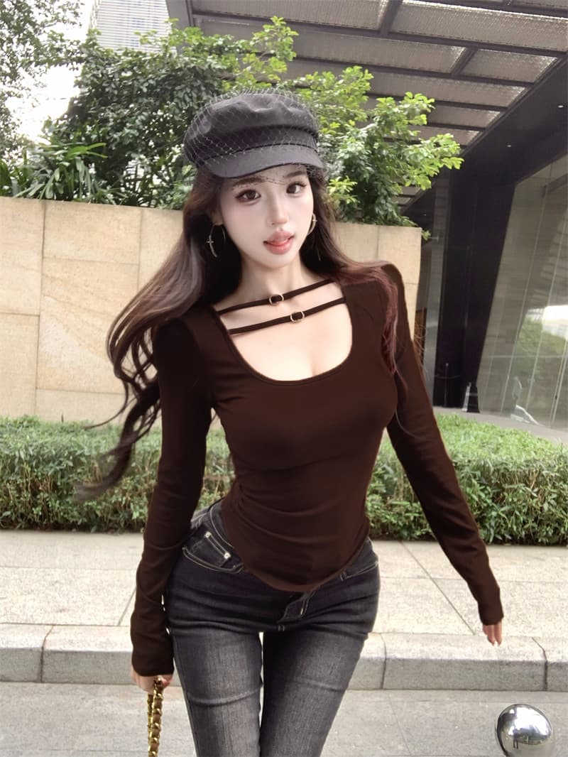 실사 정가 디자인 센스 주름 장식 티셔츠 여성 인사이드 가져 가라. 기본 셔츠 맨위 이미지 2