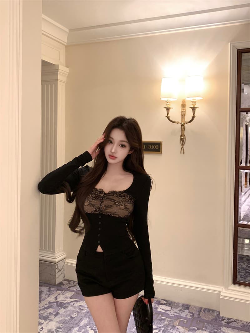 실사 정가 홀로우 아웃 레이스 조각 니트 스웨터 여성 긴 소매 발열 광장 칼라 맨위 상세 이미지 13