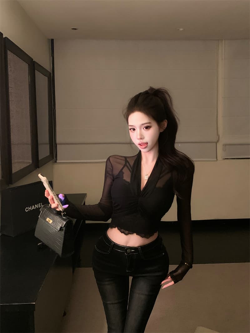 실사 정가 마이크로 ~을 통해 망사 긴팔 V넥 맨위 티셔츠 레이스 캐미솔 인사이드 가져 가라. 만나는 투피스 세트 상세 이미지 8