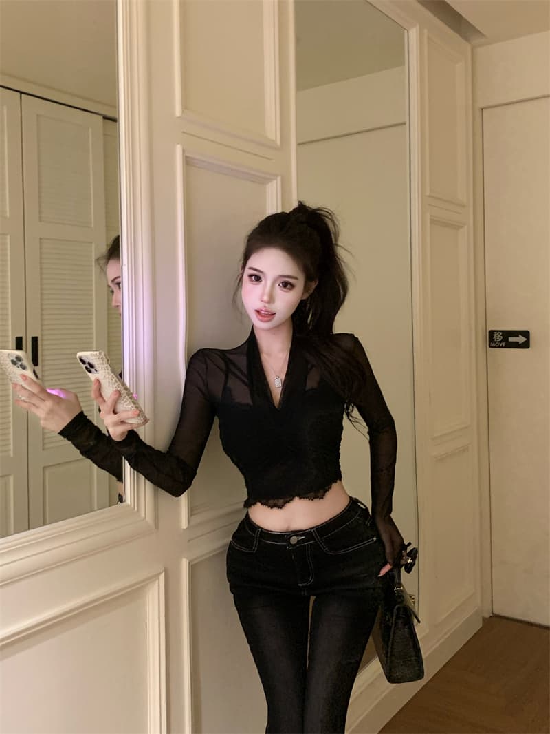 실사 정가 마이크로 ~을 통해 망사 긴팔 V넥 맨위 티셔츠 레이스 캐미솔 인사이드 가져 가라. 만나는 투피스 세트 상세 이미지 13