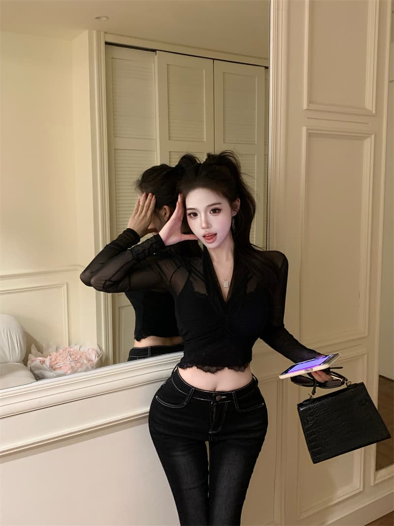 실사 정가 마이크로 ~을 통해 망사 긴팔 V넥 맨위 티셔츠 레이스 캐미솔 인사이드 가져 가라. 만나는 투피스 세트 상세 이미지 17