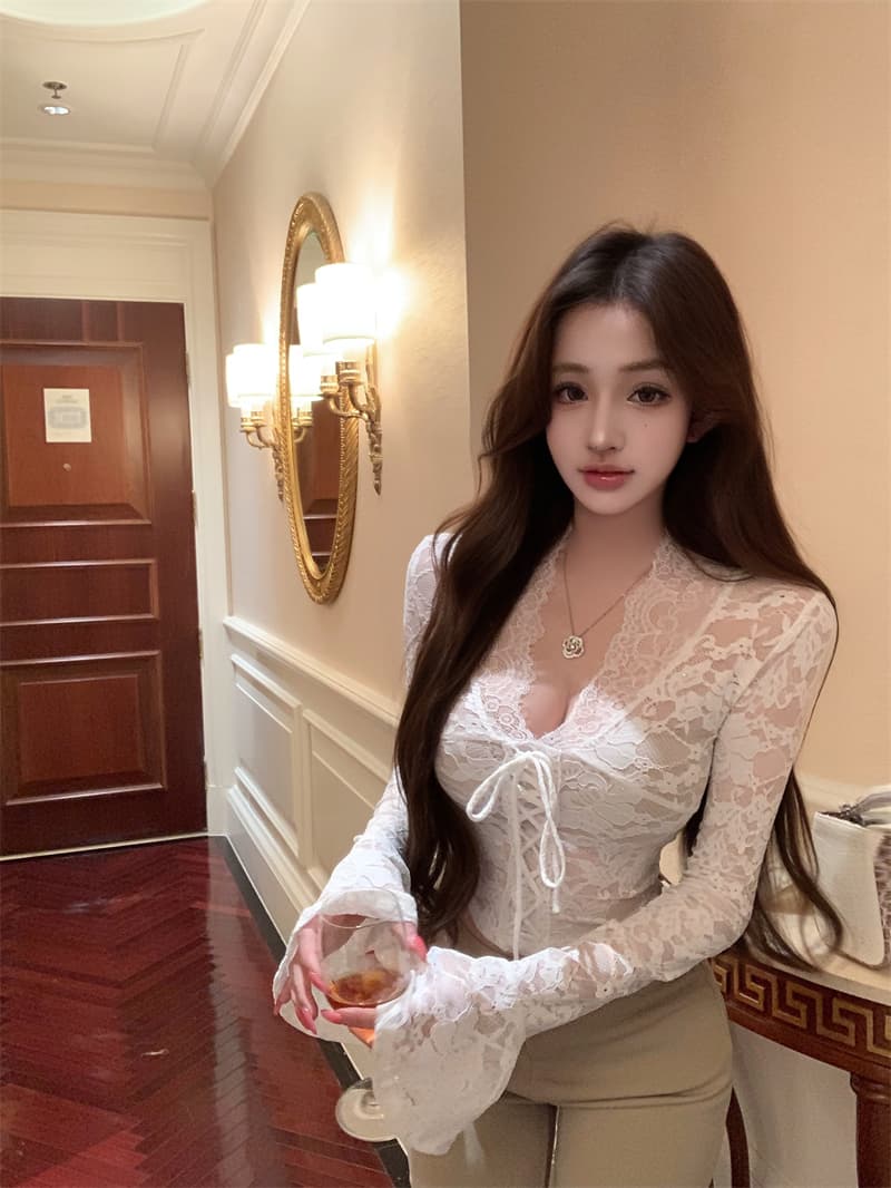 실사 정가 검정색 V넥 레이스 셔츠 여성 겨울 홀로우 아웃 순수한 욕망 긴팔 다용도 맨위 상세 이미지 6