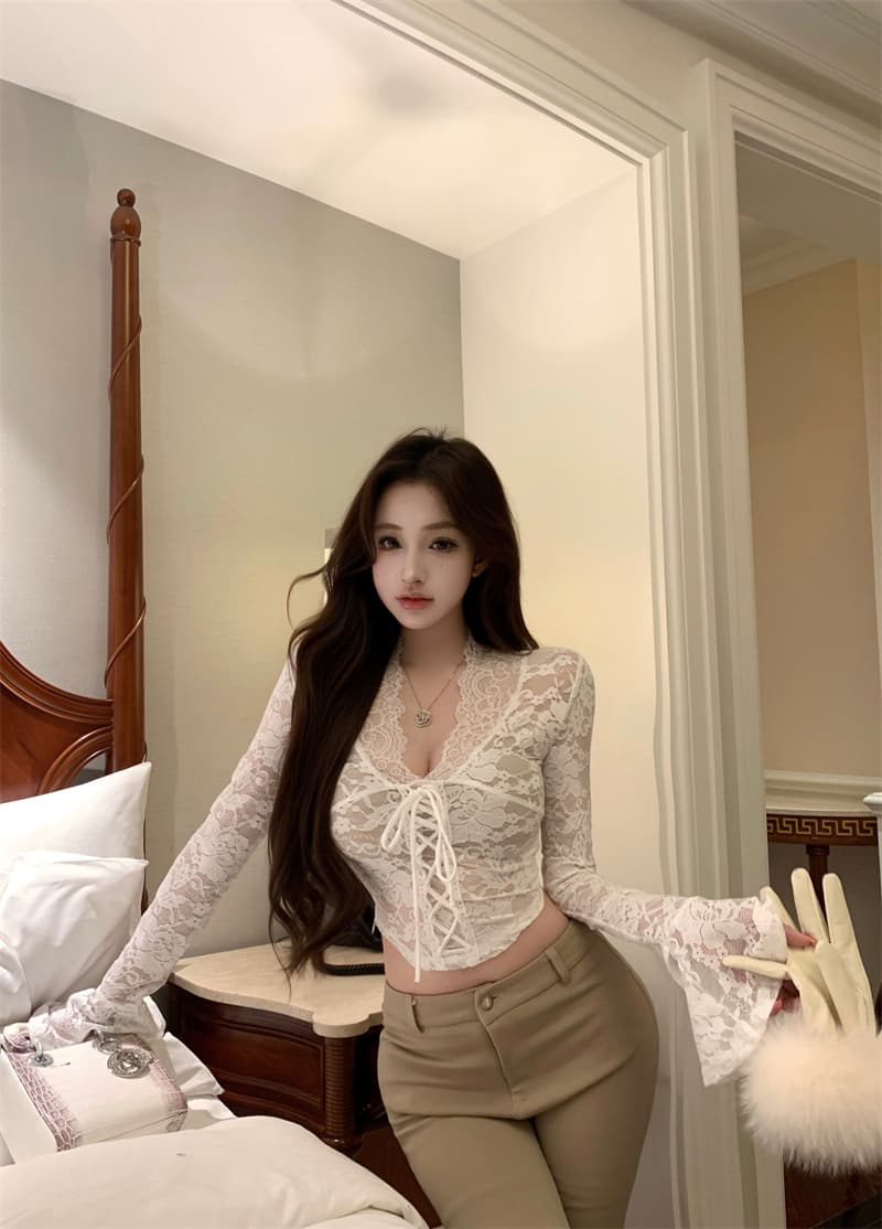 실사 정가 검정색 V넥 레이스 셔츠 여성 겨울 홀로우 아웃 순수한 욕망 긴팔 다용도 맨위 상세 이미지 12