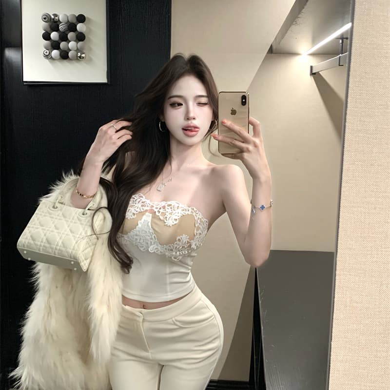실사 정가 달콤함 품격 부드러운 바람 레이스 조각 튜브탑 맨위 나만의 것을 가져와 라. 가슴 패드 이미지 5