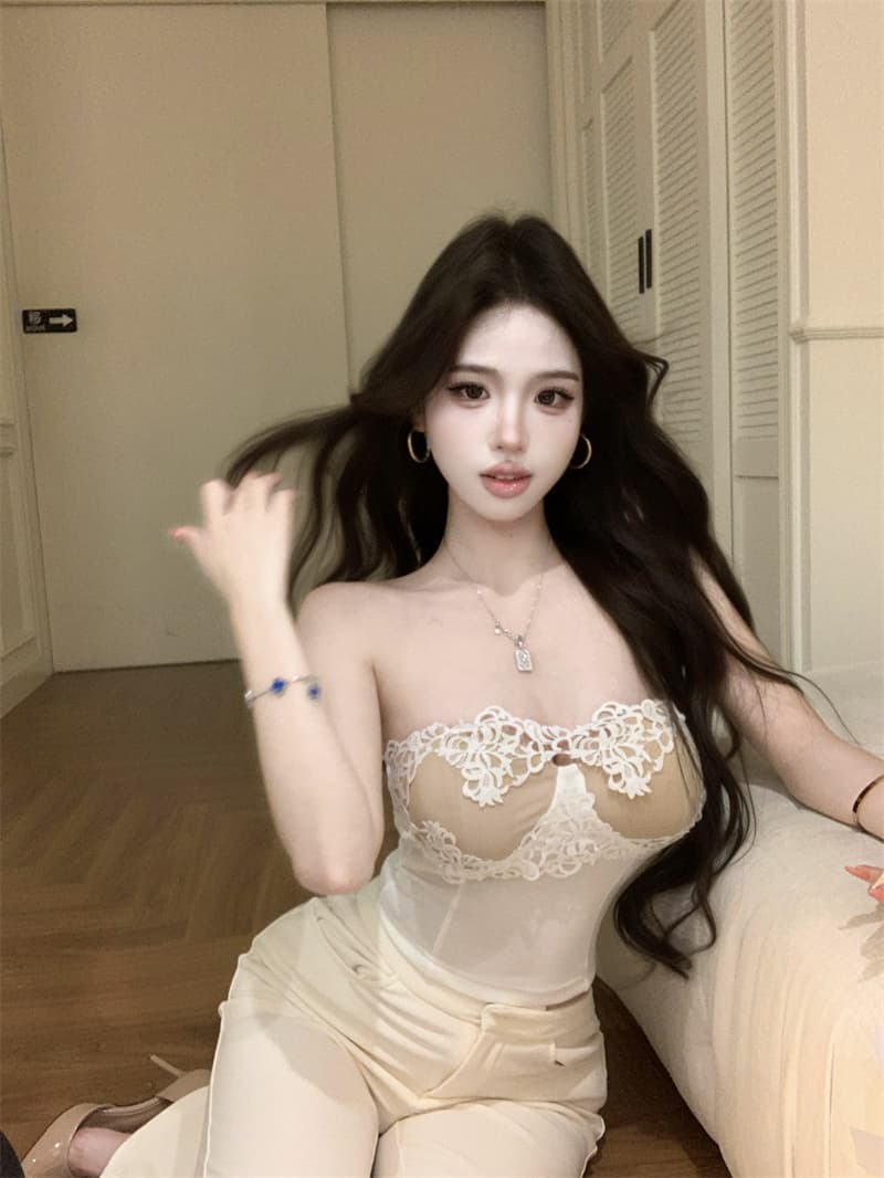 실사 정가 달콤함 품격 부드러운 바람 레이스 조각 튜브탑 맨위 나만의 것을 가져와 라. 가슴 패드 상세 이미지 4