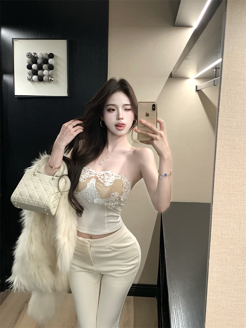 실사 정가 달콤함 품격 부드러운 바람 레이스 조각 튜브탑 맨위 나만의 것을 가져와 라. 가슴 패드 상세 이미지 6