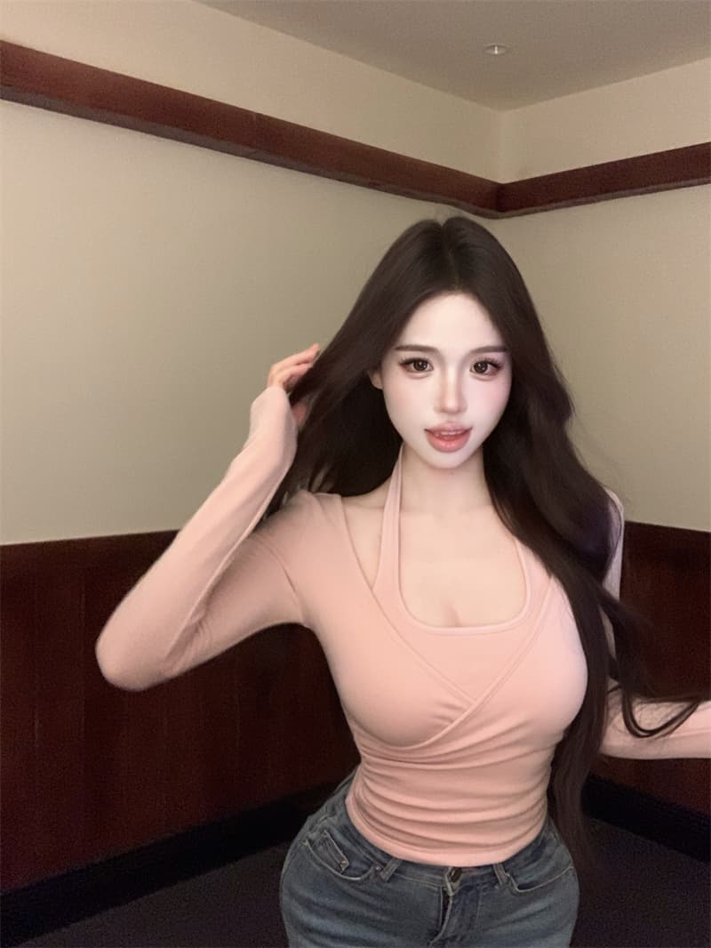 실사 정가 u 칼라 십자가 행침 목 오프숄더 주름 페이크 레이어드 티셔츠 인사이드 잡아라. 의류