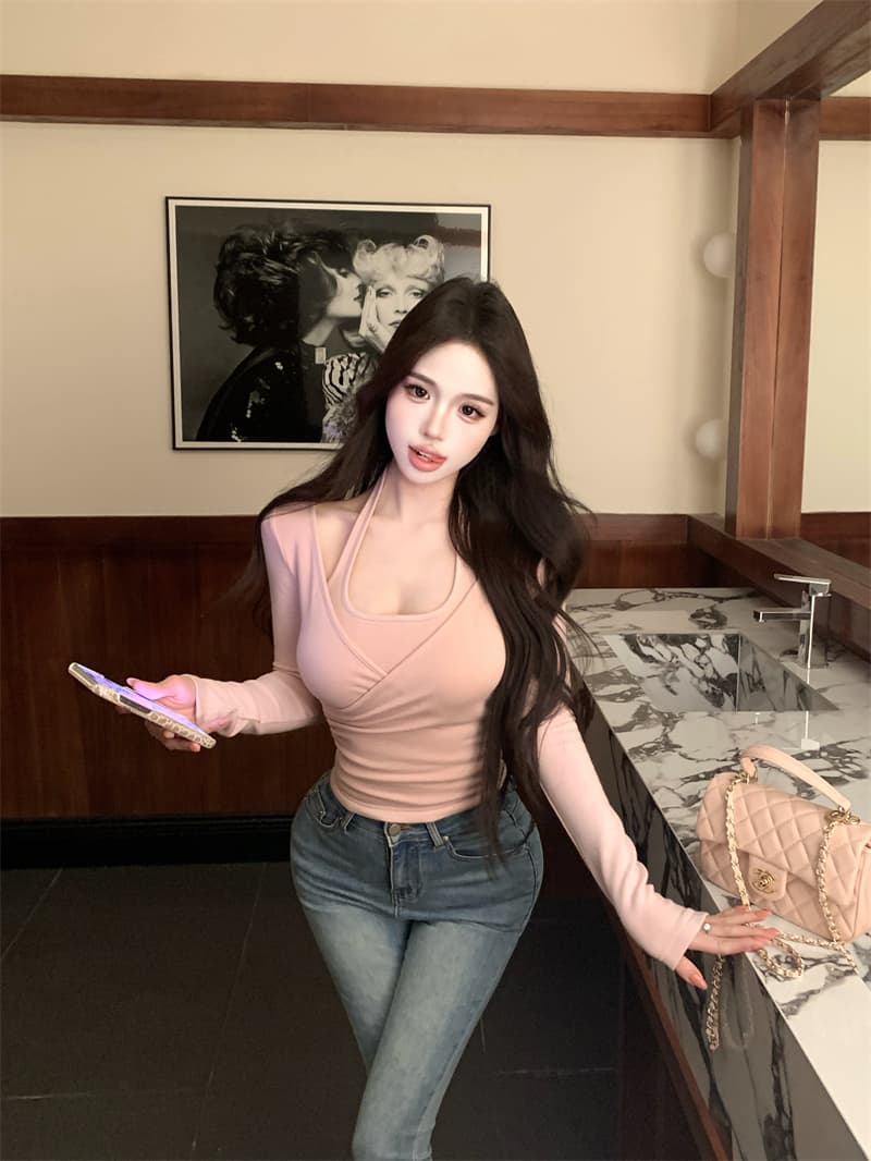 실사 정가 u 칼라 십자가 행침 목 오프숄더 주름 페이크 레이어드 티셔츠 인사이드 잡아라. 의류 상세 이미지 5