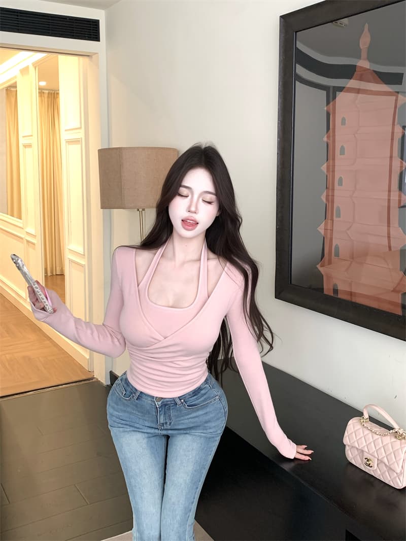 실사 정가 u 칼라 십자가 행침 목 오프숄더 주름 페이크 레이어드 티셔츠 인사이드 잡아라. 의류 상세 이미지 6